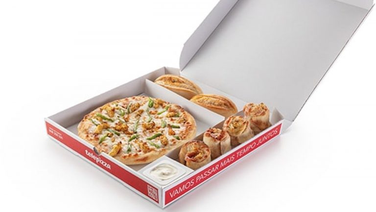 Telebox. A nova caixa personalizada da Telepizza tem pizza, pães de alho e uma terceira opção à escolha