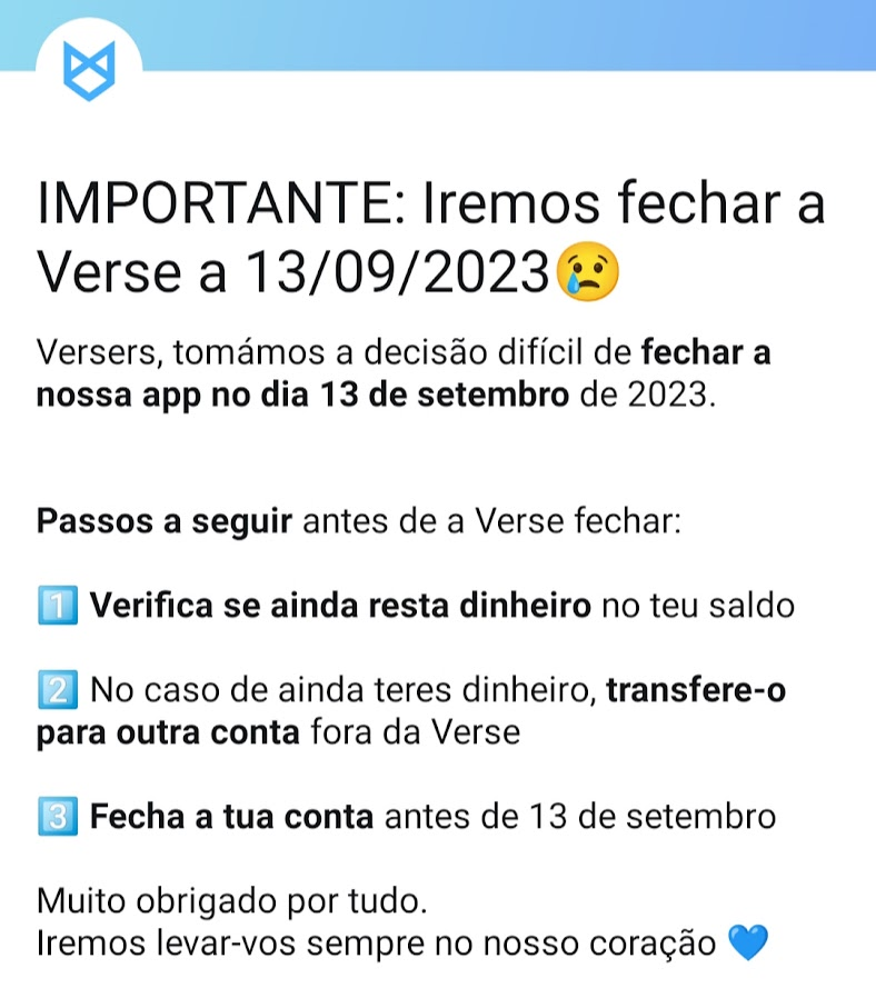 Aviso do encerramento da Verse a 13 de setembro