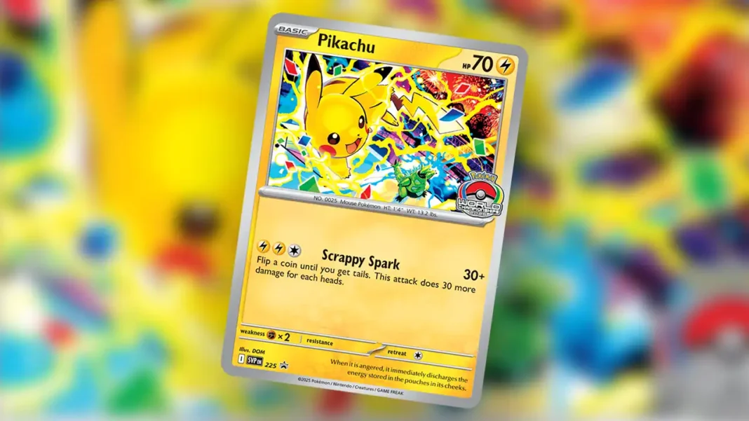 Carta promocional do Pikachu para o Pok&eacute;mon Worlds 2025
