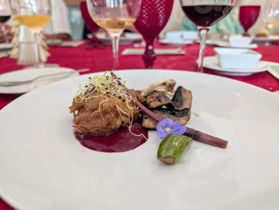 Restaurante STAY - Coxa de pato confitada com cogumelos, legumes baby e molho de frutos vermelhos