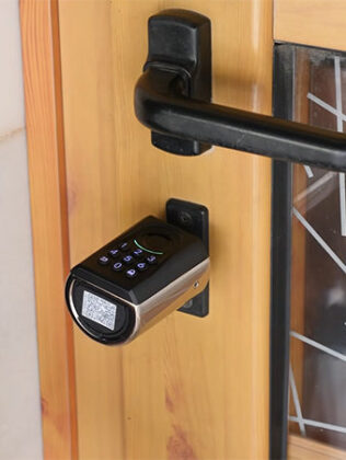 welock touca 51 lluminated keypad smart lock on wooden door with black handle